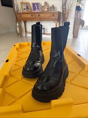 Zara Black Patent Chunky Chelsea Ankle Boots